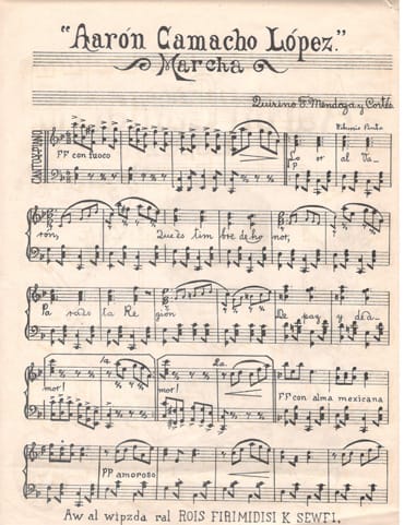 Imagen de notas musicales de la marcha para Aarón Camacho López