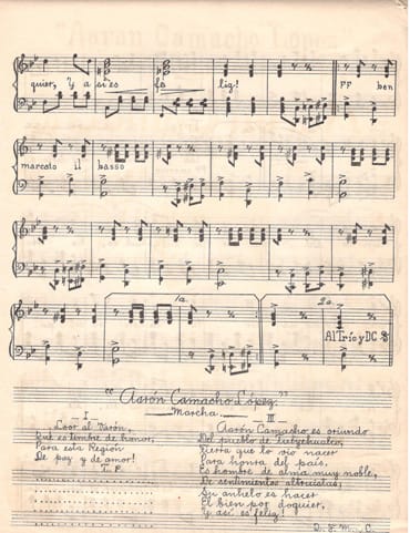 Imagen de notas musicales de la marcha para Aarón Camacho López